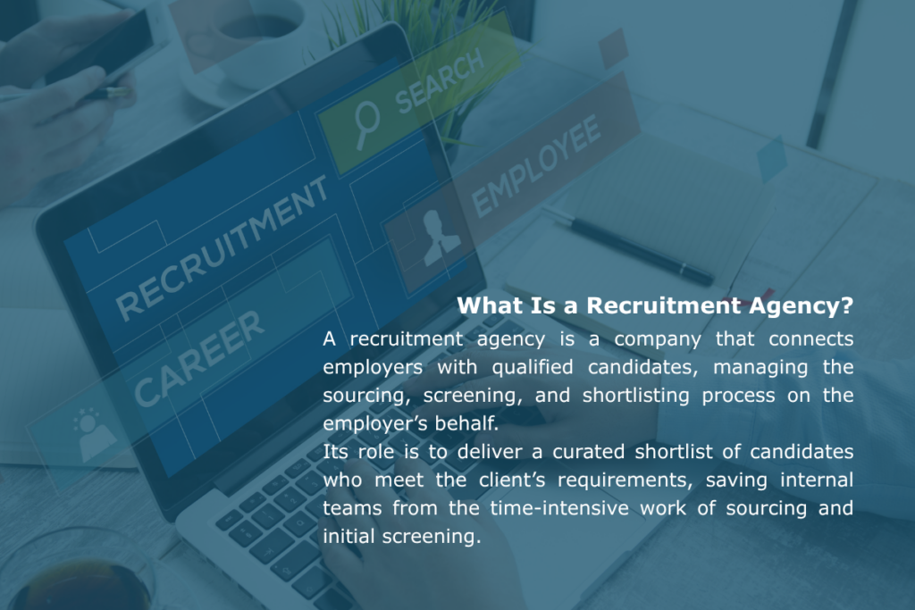 Laptop screen with recruitment search interface explaining what a recruitment agency is and how it helps employers hire qualified candidates.