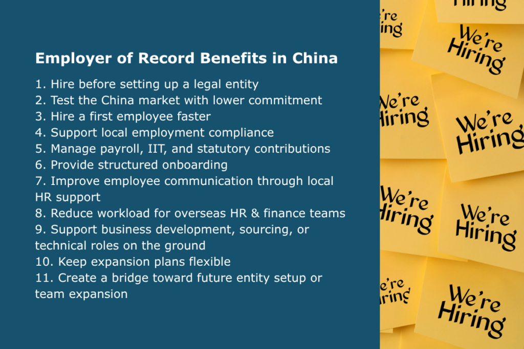 Employer of Record benefits in China for companies hiring employees and expanding into the Chinese market.