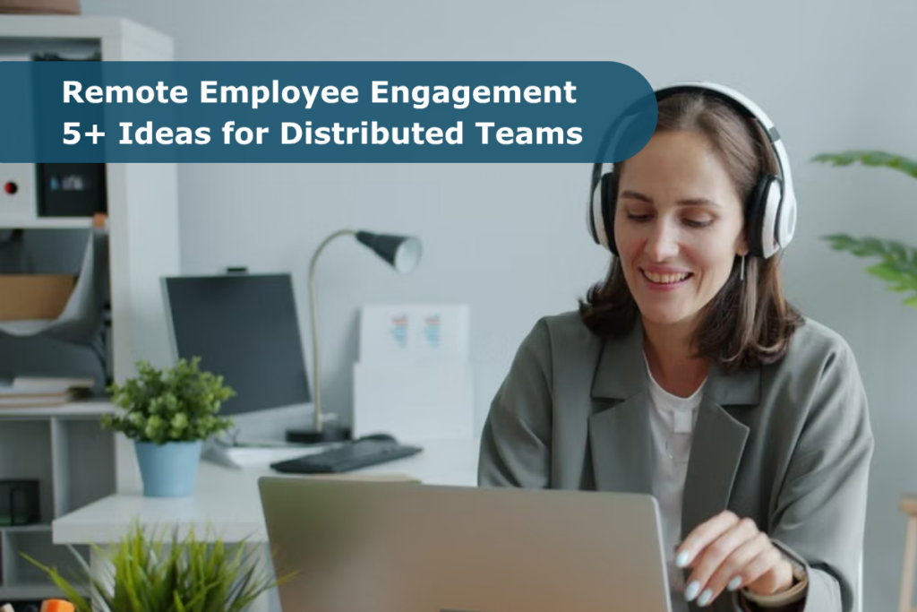 Remote employee engagement article thumbnail showing a professional joining a virtual meeting from a home office.