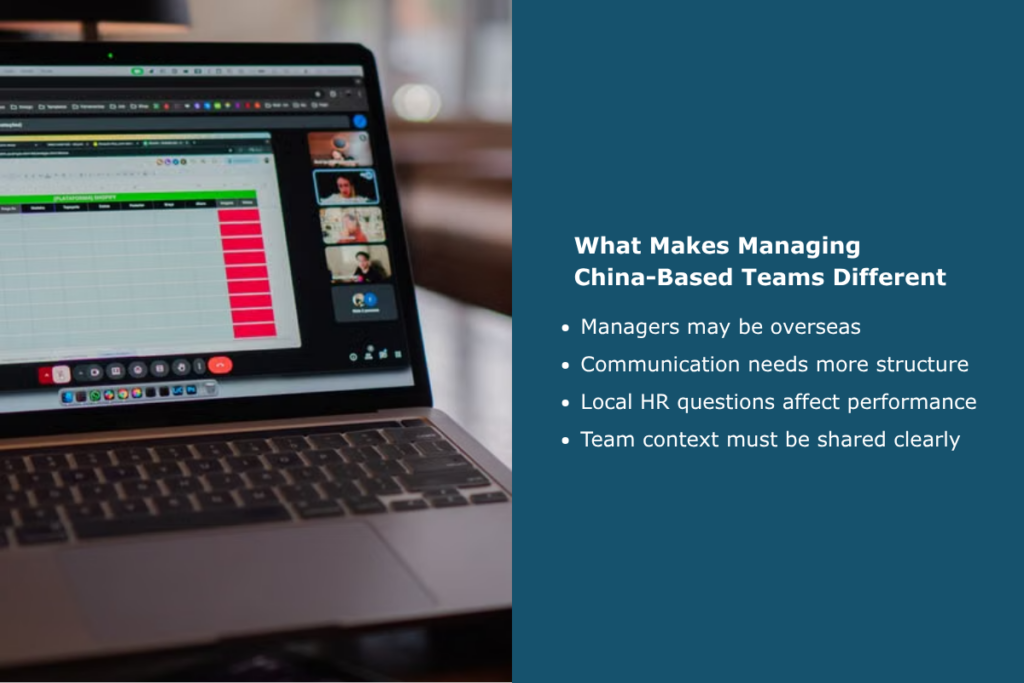 Remote meeting screen explaining what makes managing China-based teams different, including overseas managers, structured communication, local HR questions, and team context.