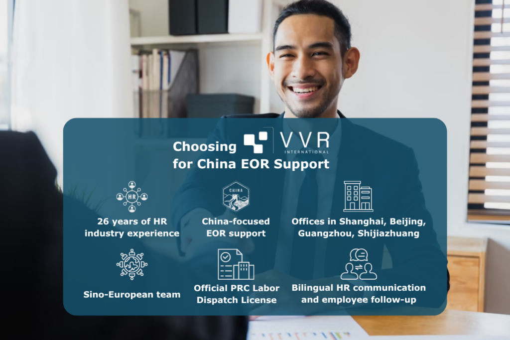Overview of VVR International’s China EOR support, highlighting HR industry experience, China-focused EOR services, local offices, PRC Labor Dispatch License, bilingual HR communication, and employee follow-up.